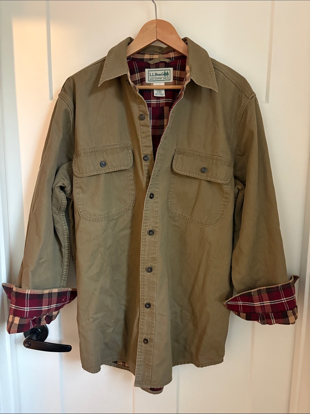 L.L. Bean Tan Shirt Jacket with Red Plaid Lining